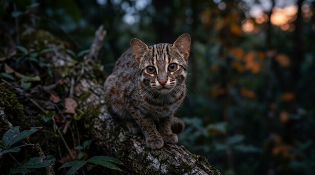 rusty-spotted cat on a tree branch portrait photo