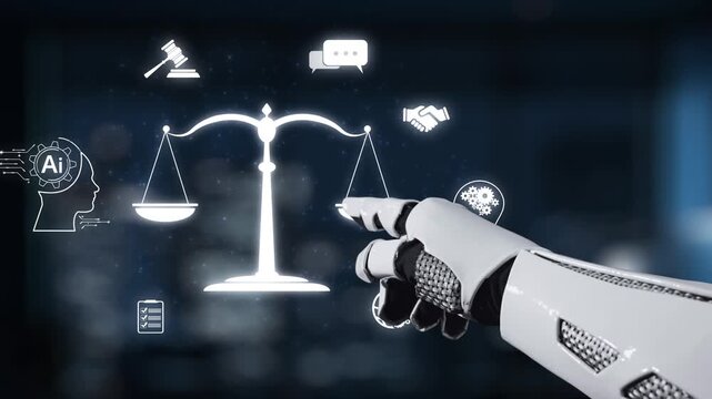 A futuristic robotic hand points towards a digital scale symbolizing justice and ethics, highlighting the interplay between technology and legal frameworks in society. Synapse