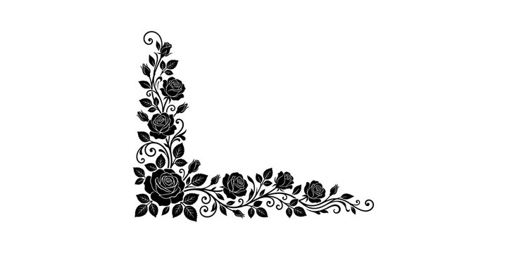 Decorative corner frame featuring black rose motifs with swirling leaves for elegant vintage print layout designs.