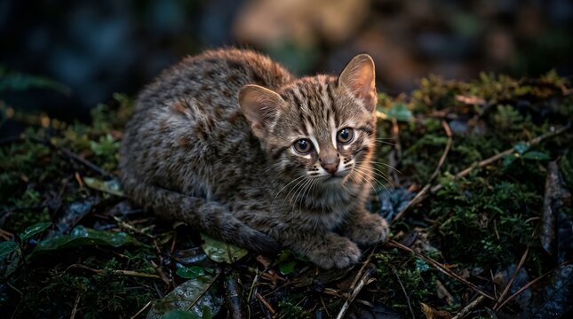 portrait of cute baby rusty-spotted cat inside forest