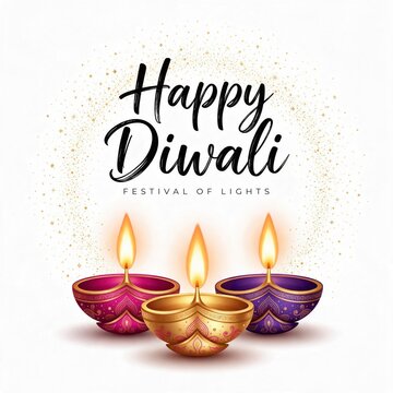 Happy Diwali Greeting Card with Three Colorful Ornamental Burning Diyas. 