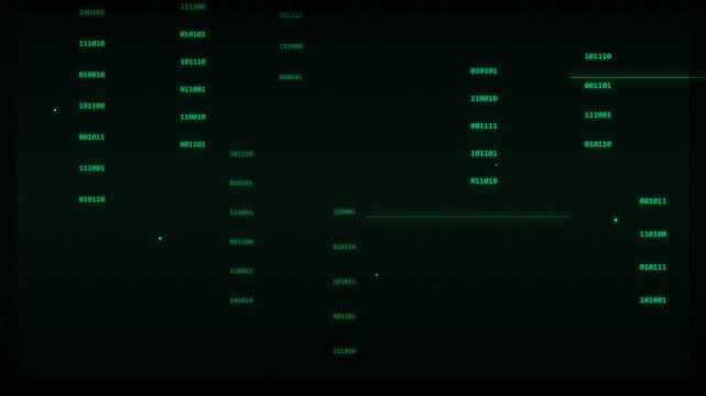 Abstract digital data stream with binary numbers and glowing green lines on dark background