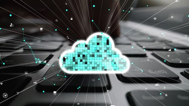 Abstract illustration of cloud computing concept featuring a cloud icon and digital connections against a keyboard backdrop, symbolizing data management and innovation. Xenic