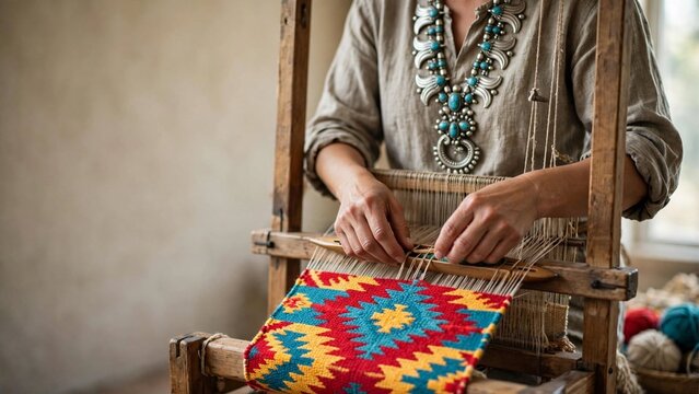 A woman skillfully weaves colorful fabric, representing Indigenous culture and the continuation of tribal traditions