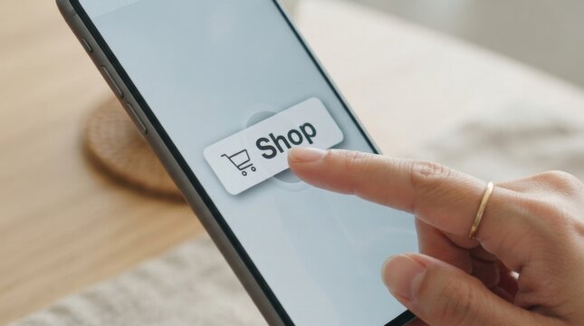 Hand holding a smartphone and tapping a shop button on the screen to start online shopping.