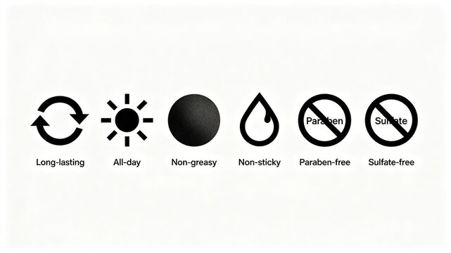 Minimalist circular beauty attribute vector icon, representing the concept of long-lasting makeup retention and no harmful additives, suitable for showcasing the selling points of skincare products.
