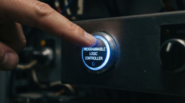 Finger pressing a glowing blue programmable logic controller button on an industrial machine panel.