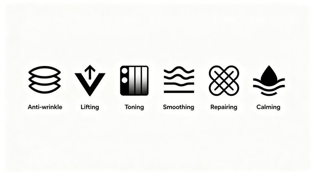 The flat line anti-aging skin care icon group represents the anti wrinkle, lifting and soothing repair effects, and is applicable to the design of the detail page of anti-aging skin care products.
