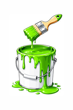 Bright green paint dripping from a wooden brush into a white metal bucket during a home renovation project.