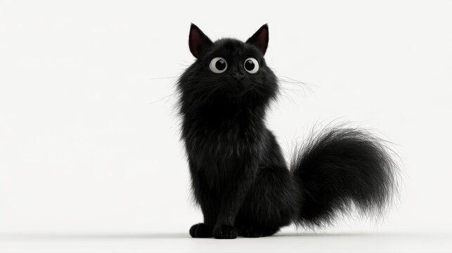 Black cat, fluffy tail and bright eyes, playful Halloween mascot, clean studio background, 3D render illustration. 