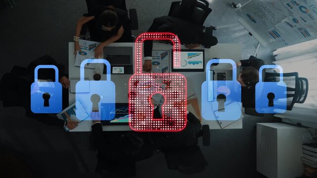 This image showcases a modern office environment emphasizing cybersecurity and data protection, highlighting teamwork focused on digital analysis and secure communication. Raster