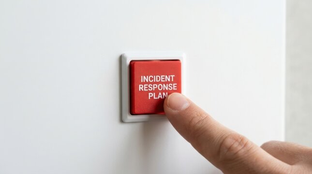 Finger pressing a red emergency button labeled incident response plan on a white wall.