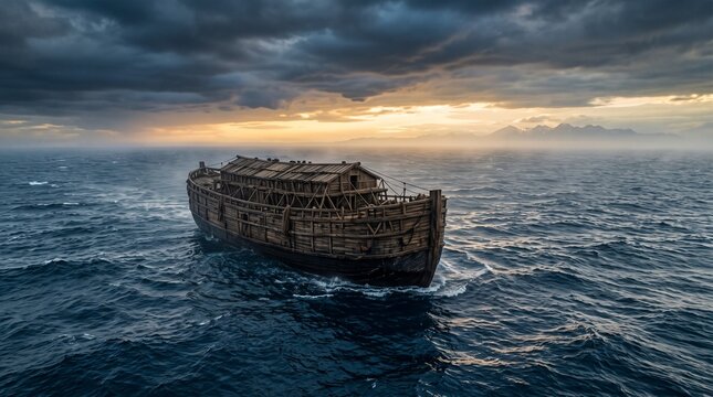 Ancient Wooden Ark Floating on Vast Ocean After the Biblical Flood
