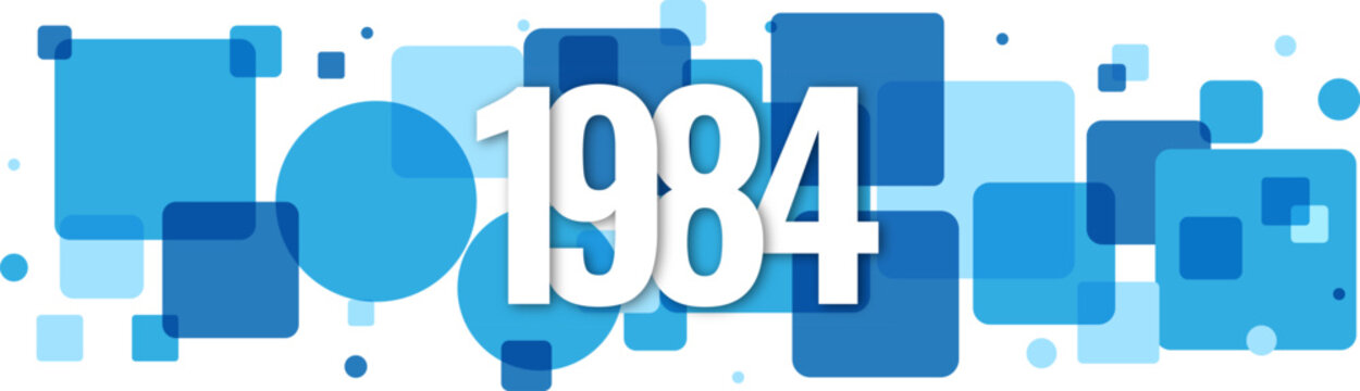 Minimalist nineteen eighty four text concept featuring white bold typography set against blue geometric squares