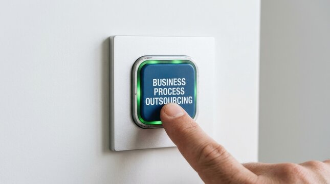 Finger pressing a light switch button labeled Business Process Outsourcing on a white wall.