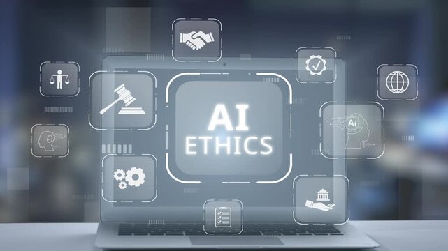 showcases a laptop displaying the concept of AI ethics, featuring various digital icons that represent key principles like fairness, responsibility, and governance in technology. Salient