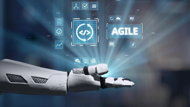 A futuristic robot hand reaches towards digital icons representing agile development methodologies, signifying technological advancement and innovation in software engineering. Salient