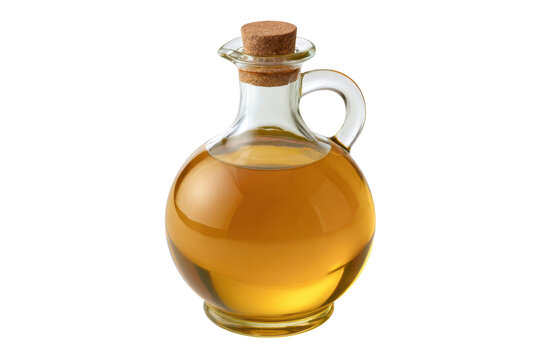 Round glass cruet filled with golden olive oil and sealed with a natural brown cork stopper isolated on a transparent background