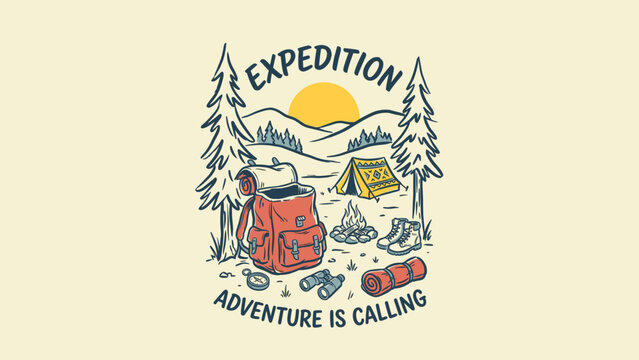 Expedition Adventure Is Calling Vintage Outdoor Illustration Featuring a Red Backpack Yellow Tent Campfire Hiking Boots and Binoculars Under a Rising Sun in the Wilderness Mountains