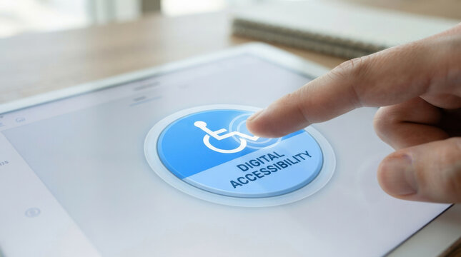 Tablet screen showing a digital accessibility button is pressed by a human finger.