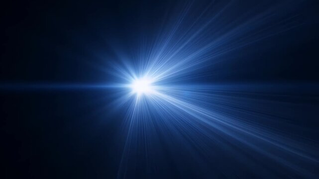 Abstract blue lens flare with bright shining light rays and glowing starburst animation over dark background