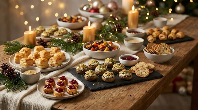 Delicious christmas dinner table with festive appetizers snacks and candles in a warm cozy home setting. party appetizer station