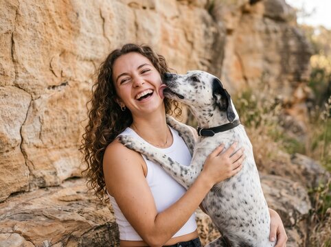 Happy woman laughing dog licking cheek outdoors nature background
