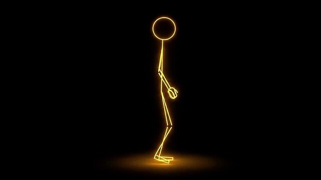 Glowing golden neon stickman character walking and spinning around animation