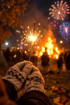 Hands in winter mittens holding sparkler with UK Bonfire Night bonfire and fireworks celebration in background
