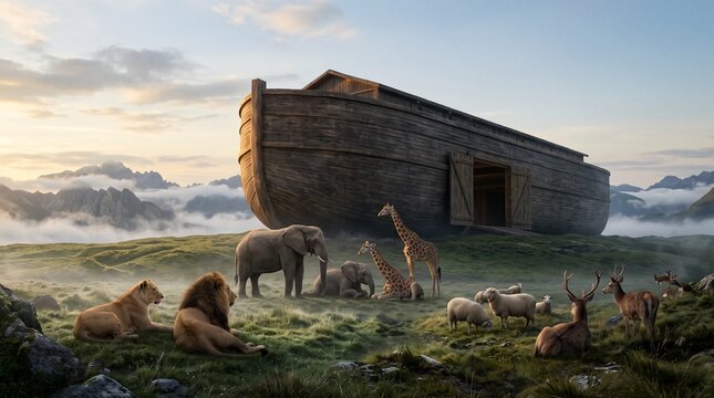 Noah's Ark Surrounded by Animals in a Dramatic Biblical Landscape