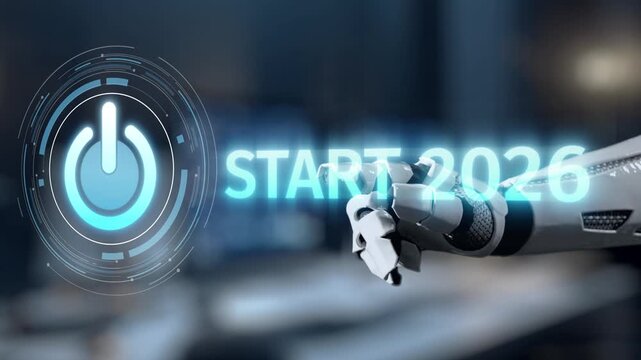 A futuristic robot hand making a gesture next to a glowing power button symbol, representing innovation and a hopeful start for the year 2026 in technology developments. Salient