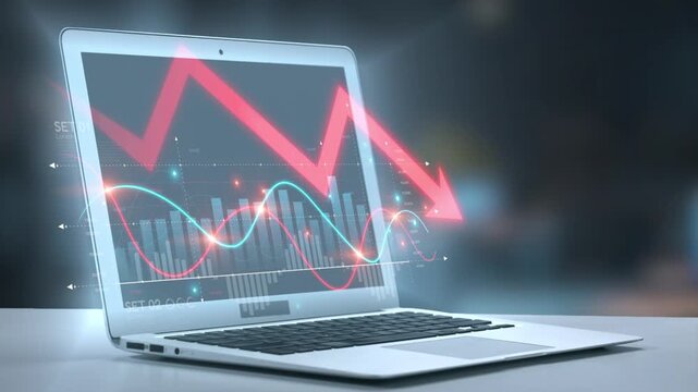 A modern laptop showcases a declining trend graph with a red arrow, symbolizing financial or market downturns, against a contemporary office backdrop. Salient