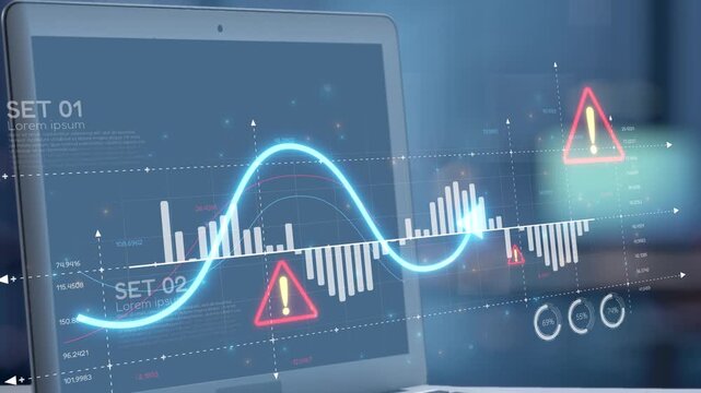 Modern laptop displaying data analysis with warning signals. Ideal for technology and business themes, illustrating the importance of monitoring and analytics in various fields. Salient