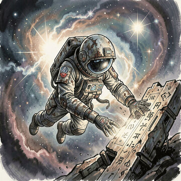 An ancient astronaut adrift in a vast, swirling nebula, deciphering cryptic symbols on a derelict alien artifact