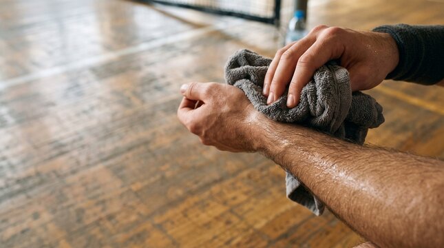 Active individual's hands wiping sweat from arm with towel after workout