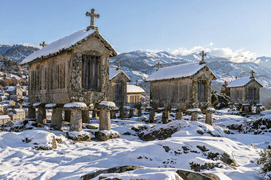 Old granite granaries on stone stilts covered in snow in a northern Portuguese mountain village
