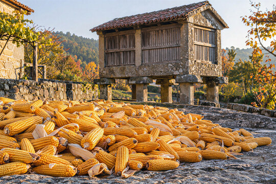Golden corn cobs drying on a granite threshing floor in front of a traditional stone granary