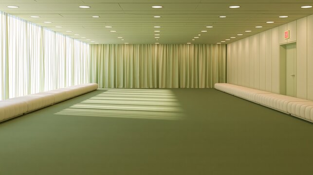 Expansive modern waiting area bathed in natural light and softened by elegant drapes.
