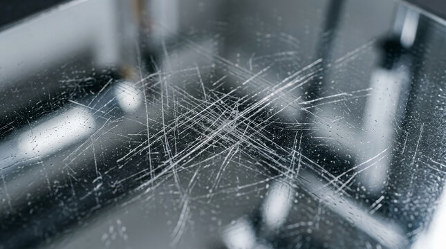 Scratched Mirror Glass Surface with Rough Metallic Texture for Imperfection Backgrounds, Grunge Overlays, Abstract Art, and Graphic Design Projects