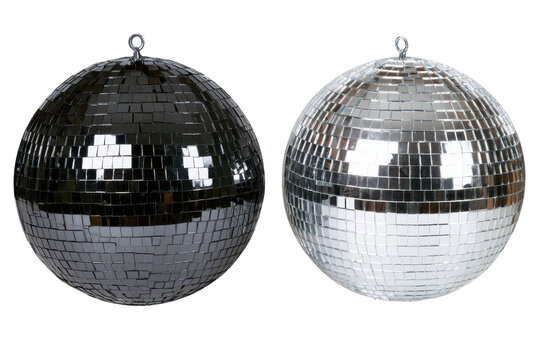 Two spherical disco balls with reflective mirrored glass tiles side by side isolated on a transparent background