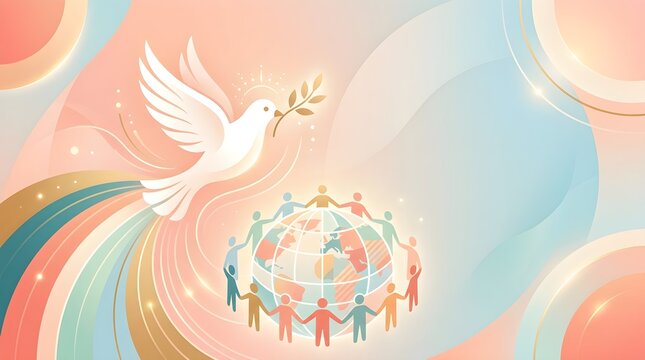 A peaceful dove rises above a glowing globe held by diverse hands, symbolizing hope, peace, humanitarian values, unity, compassion, global cooperation, and shared humanity.
