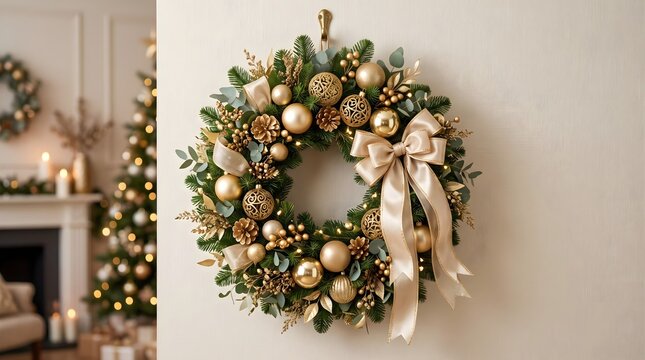 A decorative Christmas wreath with gold ornaments, greenery, berries, and a large ribbon creates an elegant festive holiday arrangement with a warm seasonal atmosphere.
