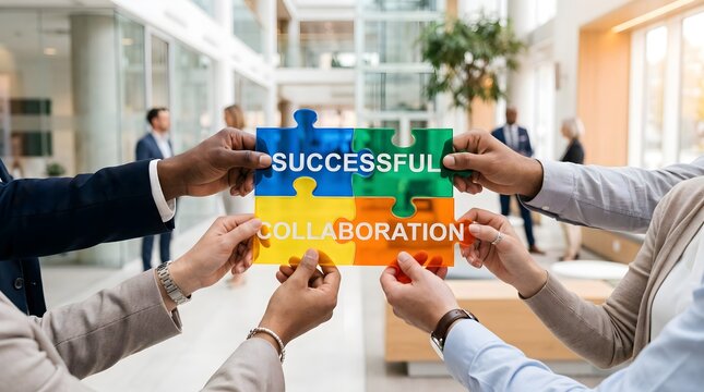 Multiple hands assemble colorful blocks around a successful collaboration message, symbolizing teamwork, partnership, communication, cooperation, and shared business achievement.
