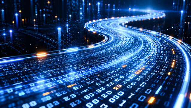 Glowing data highway curving through cyberspace with bright blue binary numbers and digital lights.