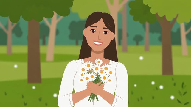 A smiling woman holds a bouquet of white flowers in a colorful outdoor setting, creating a cheerful spring portrait that suggests kindness, celebration, femininity, nature, and joy.
