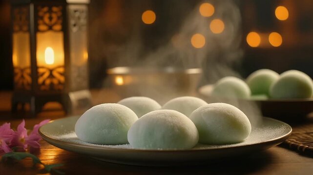 Realistic mini steamed buns arranged on a plate with delicate steam rising above them, captured in warm atmospheric lighting with soft bokeh for an inviting culinary scene.