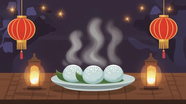 Cute cartoon-style mini steamed buns arranged on a plate with soft steam rising above them, creating a cozy food illustration with a warm, playful, whimsical, and appetizing feel.