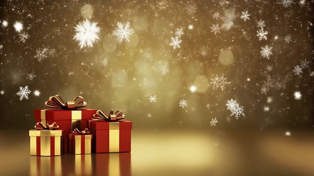 Stacked red gift boxes with golden bokeh lights background and snowflakes, festive Christmas presents decoration and holiday celebration concept with warm sparkling lights
