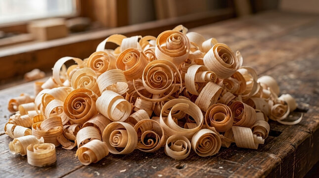 Curled natural wood shavings on rustic carpenter workbench, illustrating woodworking craftsmanship, sustainable industry, and artisan skill for design blogs, building materials