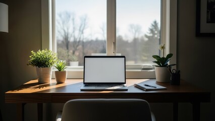 Obraz premium Cozy Home Office Setup with Laptop and Plants by the Window.